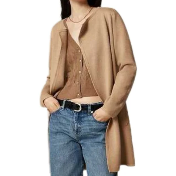 J. CREW 365 Womens Long Sleeve Open Front Cardigan Sweater Duster Beige Medium - Picture 1 of 8